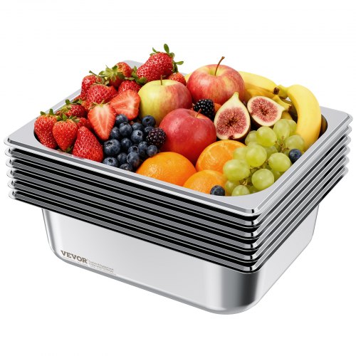 

VEVOR Gastronormbehälter Hotelpfanne (1/2-Größe) 6 Stk. 6 L, wiederverwendbare Behälter (98 mm tief), rostfreie Catering-Aufbewahrung, Panierschale Speisebehälter für Party Restaurant Buffet