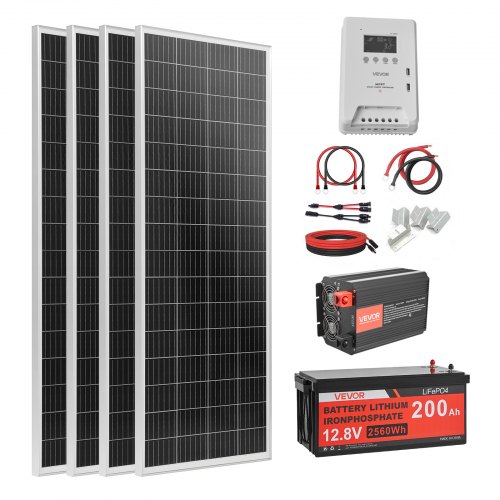 VEVOR 400W Solaranlage Komplettset, Insel Solaranlage Inkl. 4x 100W Mono-Solarpanele 12,8V 200Ah LiFePO4 Stromspeicher 40A MPPT Laderegler & 12V 2000W Wechselrichter, Photovoltaik Inselanlage für Heim