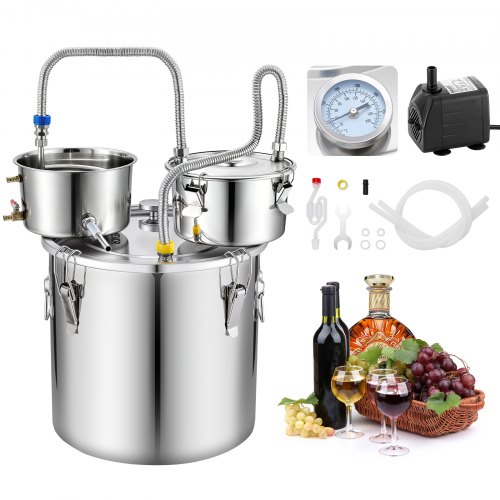 VEVOR Distillieranlage 30 L mit Thumper-Fass Wasserpumpe Thermometer Silber, Destillationsset mit Doppelskala-Thermometer für Whisky, Wein und Brandy, Destillierer-Heimbrauset für Hobby und Küche