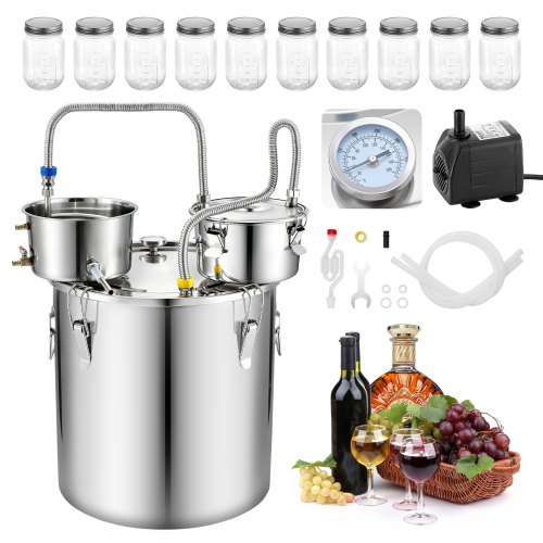 VEVOR Distillieranlage 50 L mit Thumper-Fass Wasserpumpe 10 Glasbehältern, Destillationsset mit Doppelskala-Thermometer Wasserpumpe für Whisky, Wein und Brandy, Destillierer für Hobby und Küche