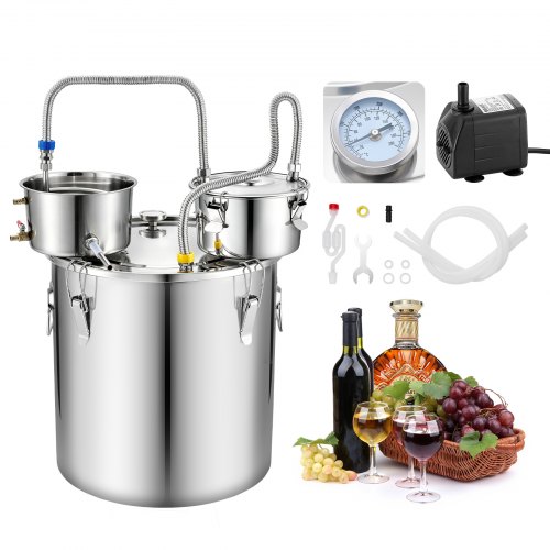 VEVOR Distillieranlage 50 L mit Thumper-Fass Wasserpumpe Thermometer Silber, Destillationsset mit Doppelskala-Thermometer für Whisky, Wein und Brandy, Destillierer-Heimbrauset für Hobby und Küche