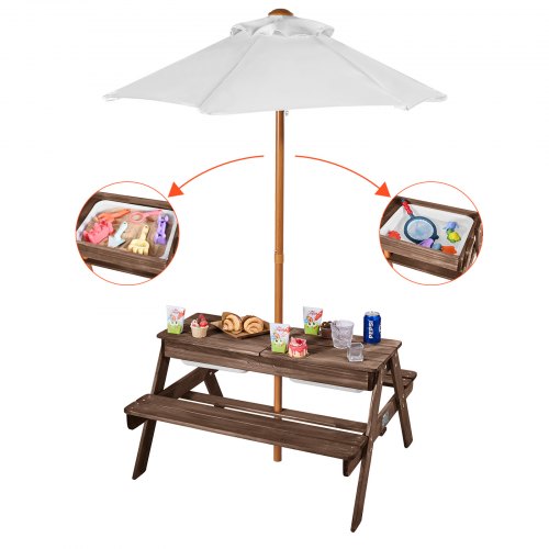 VEVOR Picknicktisch mit abnehmbarem Sonnenschirm & 2 Bänken, Sitzgruppe Strandtisch Outdoor Gartenmöbel aus Holz Terrassen-Essmöbel für 4 Personen für Garten, Hinterhof und Veranda (Walnuss)