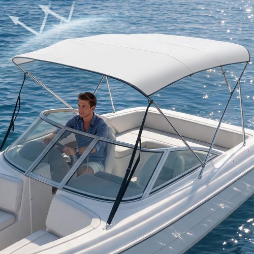 VEVOR Bimini Top Bootsabdeckung Sonnenverdeck (3 Bögen) aus 600D Polyester mit Rahmen aus Aluminiumlegierung, wasserdichte Sonnenschutz-Bootsmarkise mit Aufbewahrungstasche, 137-152 cm (B) Hellgrau
