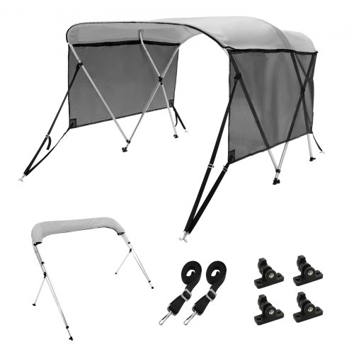 VEVOR 3-Bogen-Bimini-Top-Bootsabdeckung, 155-167 cm Einbaubreite 600D-Polyester-Überdachung, Bootsverdeck mit Abnehmbare Mesh-Seitenwände, Wasserdicht & Sonnenschutz, inkl. Aufbewahrungsbox Hellgrau