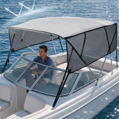 VEVOR 4-Bogen-Bimini-Top-Bootsabdeckung, 231–244 cm Einbaubreite 600D-Polyester-Überdachung, Bootsverdeck mit Abnehmbare Mesh-Seitenwände, Wasserdicht & Sonnenschutz, inkl. Aufbewahrungsbox Hellgrau