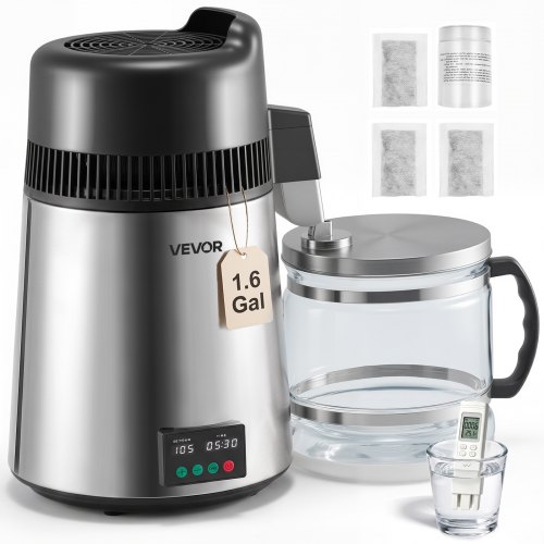 VEVOR Wasserdestilliergerät 6 L größerer Reinwasserfilter, 900 W Destilliergerät aus Glas, Trinkwassergerät mit Edelstahlinnenraum zur Herstellung von sauberem Wasser, Wasserdestillierer Silber