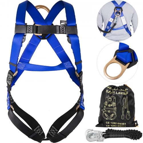Fall Protection Full Body Construction Harness and Shock Absorbing Lanyard Combo Set