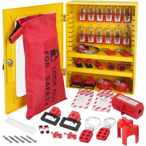 VEVOR Elektrisches Lockout-Tagout-Kit, 59-teiliges Sicherheits-Lockout-Tagout-Set mit Vorhängeschlössern, Haspen, Anhängern, Kabelbindern, Steckerverriegelung, Leistungsschalterverriegelungen