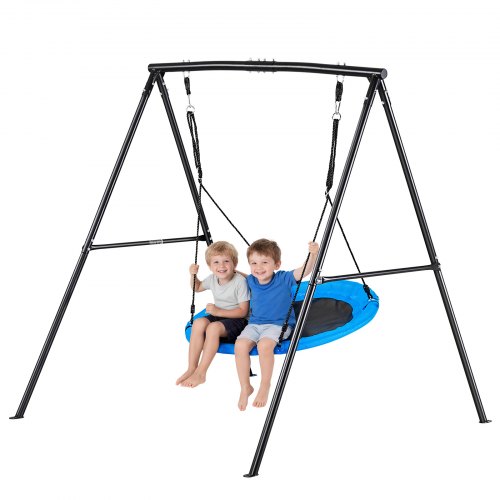 VEVOR Gartenschaukel mit A-förmigem Metallgestell, Schaukelsitz (101,6 cm Groß), bis zu 199,6 kg Tragkraft, Schaukelset Outdoor, Verstärkt mit Spiralförmigen Bodenankern, Tellerschaukel Schwarz Blau