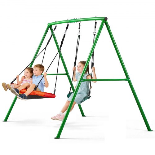 VEVOR Gartenschaukel mit A-förmigem Metallgestell, Doppelschaukel (1 Tellerschaukel & 1 Gurtschaukel), bis zu 199,6 kg Tragkraft, Schaukelset Outdoor, Verstärkt mit Spiralförmigen Bodenankern