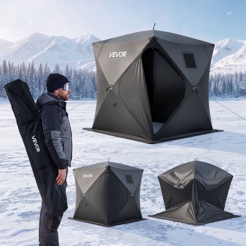 VEVOR Eisangelzelt Eisfischerzelt für 1-2 Personen 1,5x1,5x1,65 m Angelzelt, Eisschutzzelt für Winterangeln, 2,25 m² Fläche, 300D Oxford-Gewebe, Hub-Style-Zelt mit Ankern, Seile, Tragetasche, Schwarz