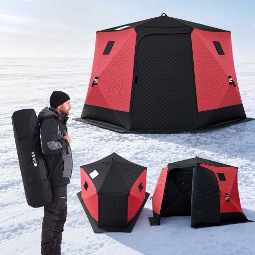 VEVOR Eisangelzelt Eisfischerzelt 6-8 Personen 3,3x3,3x2 m Zelt Isoliert, Eisschutzzelt für Winterfischen, 6,75 m² Fläche, 600D 4-Lagiges Gewebe, Hub-Style-Zelt mit Ankern, Seilen, Tragetasche, Rot