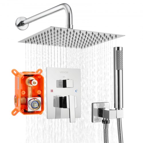 

VEVOR Duscharmatur Regenduschsystem fürs Badezimmer Duschsystem mit 254 mm quadratischen Regenduschkopf & Handbrause, wandmontierte Badezimmerarmaturen mit Messingventil & Zierset, Silberchrom