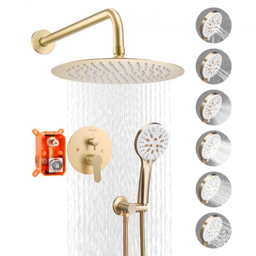 

VEVOR Duscharmatur Regenduschsystem fürs Badezimmer Duschsystem mit 254 mm runden Regenduschkopf & Handbrause, wandmontierte Badezimmerarmaturen mit Messingventil & Zierset, gebürstetes Gold