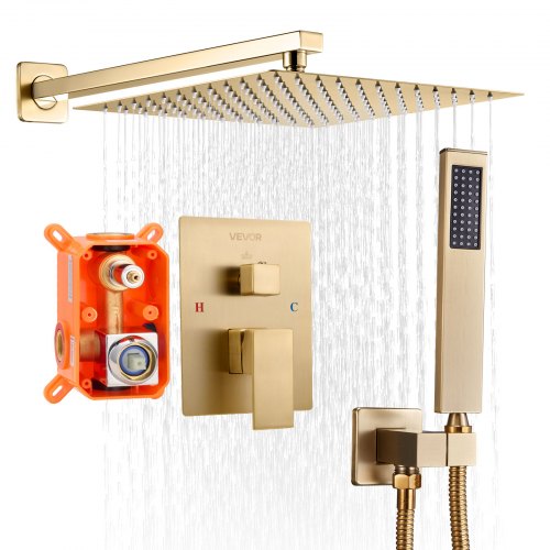 

VEVOR Duscharmatur Regenduschsystem fürs Badezimmer Duschsystem mit 305 mm quadratischen Regenduschkopf & Handbrause, wandmontierte Badezimmerarmaturen mit Messingventil & Zierset, gebürstetes Gold