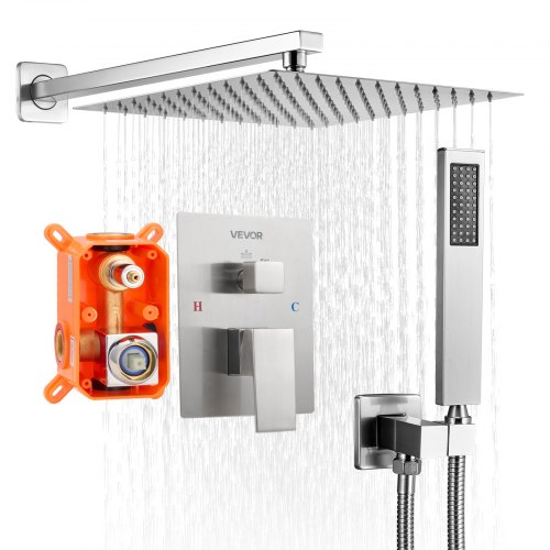 VEVOR Duscharmatur Regenduschsystem fürs Badezimmer Duschsystem mit 305 mm quadratischen Regenduschkopf & Handbrause, wandmontierte Badezimmerarmaturen mit Messingventil & Zierset, gebürstetes Nickel