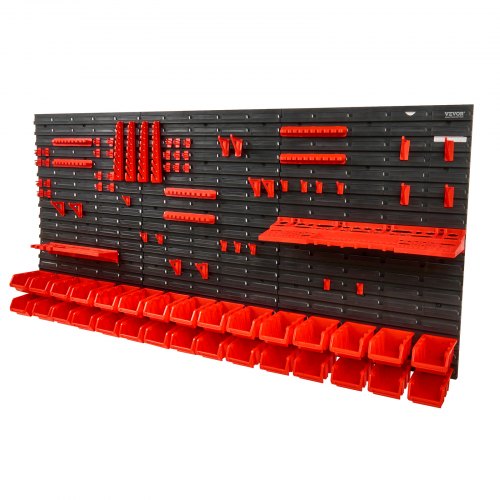 VEVOR Stapelboxen, 30-Behälter-Teileregal-Organizer für Garage, Kunststoff-Ladenwerkzeug mit Wandpaneelen/Werkzeughaltern/Haken, für Muttern, Bolzen, Schrauben, Nägel, Perlen, Knöpfe, Schwarz/Rot