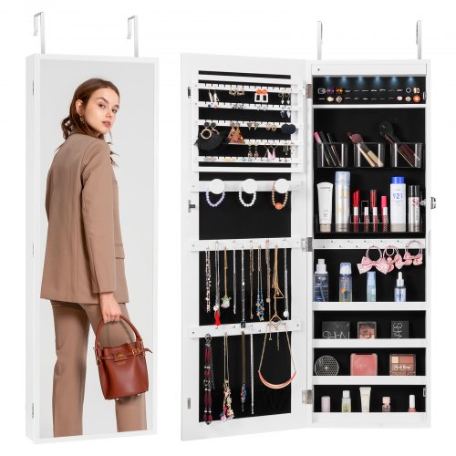 

VEVOR abschließbarer Schmuckschrank Schmuckspiegelschrank 108cm Hohe, Aufbewahrung von Juwelen mit Ganzkörperspiegel, Schmuckspiegel-Organizer mit LED-Innenbeleuchtung & Samtfutter, Weiß