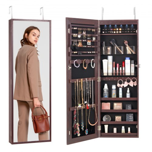 VEVOR abschließbarer Schmuckschrank Schmuckspiegelschrank 108cm Hohe, Aufbewahrung von Juwelen mit Ganzkörperspiegel, Wandmontage Schmuckspiegel-Organizer mit LED-Innenbeleuchtung & Samtfutter, braun