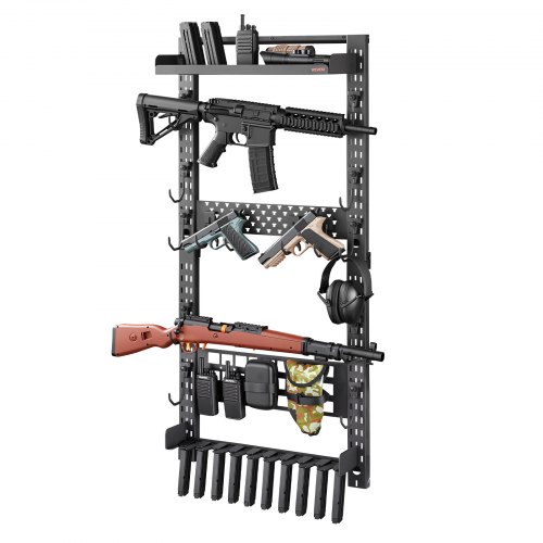 VEVOR Waffenwandhalterung für 5 Gewehre (Schrotflinten) & Waffenzubehör, Gewehrhalter mit J-Haken & Zusätzlicher Ablagefläche & Magazinhalter & MOLLE-Panel, Gewehrregal Kohlenstoffstahl, Waffenregal