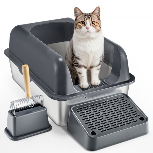 

VEVOR Katzentoilette, 152,4 mm tief, XL extragroßes Katzenklo aus Edelstahl mit Schaufel, breitem Filter-Fußteil und hohen Rand, geruchsfreie Schalentoilette für Katzen, 60 x 40 x 30 cm, Dunkelgrau