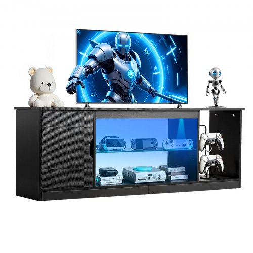 

VEVOR TV-Ständer für Fernseher bis zu 65 Zoll, TV Tisch mit Lichtleiste, TV-Schrank aus Holz mit Glasablage & verstellbaren Regalen, Konsolentisch Fernsehschrank für Wohnzimmer Schlafzimmer, Schwarz
