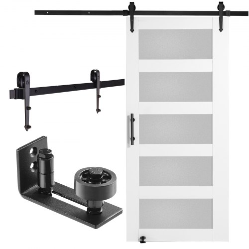 VEVOR Scheunentor und Hardware-Set Schiebetürsystem, 1067 x 2134 mm Holz-Glas-Schiebetor, leise, Scheunentor-Set mit 8-in-1-Bodenführung und Türgriff, Fichtenholzplatte und Milchglas
