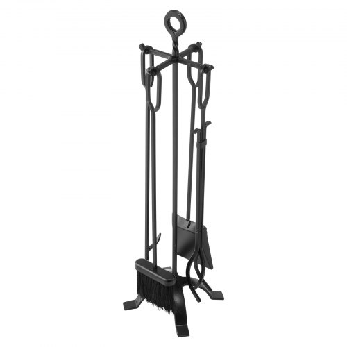 VEVOR Kaminbesteck-Set, 5-teiliges Ofenbesteck-Set, vierzackiger Ständer, Zange, Ascheschaufel, Bürste, Schürhaken, Kamingarnitur, Kaminzubehör aus Schmiedeeisen für Lagerfeur Kamin, Schwarz