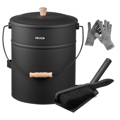 VEVOR Ascheeimer mit Deckel, 4 tlg. Set, inkl. Kohleeimer Schaufel, Besen & Handschuhen, Kaminkohleeimer & Aschedose aus Metall, 15 L Fassungsvermögen für Kamine, Feuerstellen, Holzöfen
