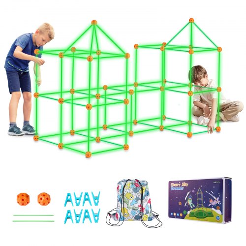 VEVOR Festungsbausatz für Kinder, 140-teiliges im Dunkeln leuchtendes STEM-Bauspielzeug, pädagogisches Geschenk für 4 5 6 7 8+ Jahre alte Jungen und Mädchen, Spielzelt für drinnen und draußen, Konstruktionsspielzeug mit 96 Stäben und 44 Bällen
