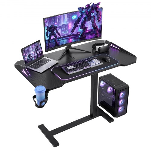 VEVOR Betttisch 800x450 mm Computertisch Gaming-Schreibtisch Laptoptisch, Sofatisch fürs Homeoffice, Höhenverstellbar von 675 bis 1075 mm, inkl. RGB-Beleuchtungseffekte & Getränkehalter, Schwarz