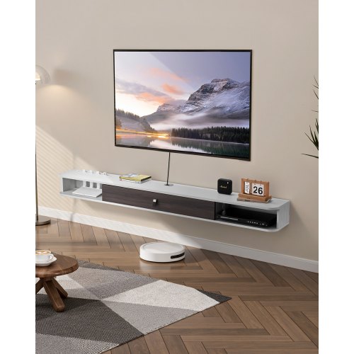 

VEVOR TV Schrank hängend Wandhalterung, Fernsehschrank mit Kabelloch, schwebendes TV-Regal mit Stauraum für DVD-Player Kabelbox Spielekonsole, Hängeschrank 52 kg belastbar Weiß 180 cm Länge