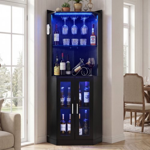 VEVOR Eckbarschrank mit LED-Beleuchtung (Dimmbar), Weinschrank mit Glashalter und Weinregal, Eckschrank mit Kippschutz, Eckbar für Wohnzimmer, Esszimmer und Küche, 50 x 50 x 170 cm Schwarz