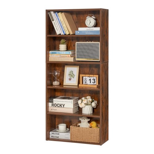 VEVOR schmales Bücherregal mit 5 rechteckigen Fächern & höhenverstellbarem Regal, 1345 mm hohe Standregal Aufbewahrungsregal aus E1 Spanplatte, Ausstellungsregal für Wohnzimmer Schlafzimmer Braun