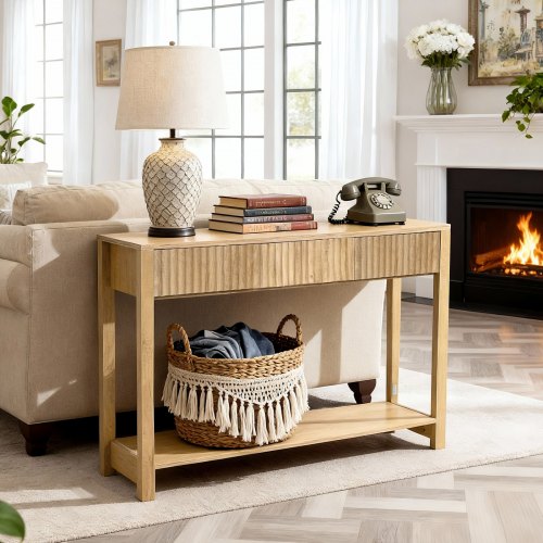 VEVOR Konsolentisch Beistelltisch mit Schubladen & Ablagefach, schmaler rechteckiger Eingangstisch aus MDF + Spanplatte für Flur Schlafzimmer Wohnzimmer Foyer, Flurtisch 120 x 30 x 80 cm Naturholz