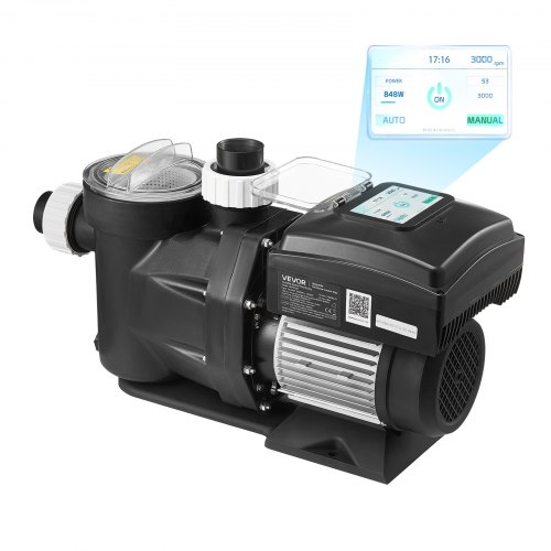 VEVOR Schwimmbadpumpe 26.000 L/h, mit Variabler Drehzahl, 1.100 W, 15 m Förderhöhe, Einbau-/Aufstellpoolpumpe mit Filterkorb, Filterpumpe Selbstansaugend, Programmierbarer Timer, für Aufstellpools BSYCGLBSS15HK7EDB001V2
