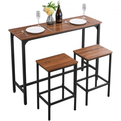 VEVOR Bartisch-Set (3-tlg.) mit 2 Barhocker & abgerundeten Kanten, rechteckiger Kneipentisch Stehtisch (120 x 40 x 90 cm), Bistrotisch Esstisch rustikales Braun Schwarz, geeignet für Büro Minibar
