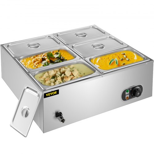 VEVOR Kommerzieller Speisenwärmer 6 Pfannen, Elektrischer Heizplattenwärmer 71 x 60 x 27 cm, Elektrischer Wärmer 1200 W, 7 L Elektrischer Wärmer-Behälter aus Edelstahl 325 x 176 x 150 mm Jede Pfanne