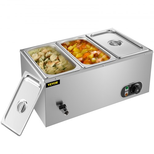 VEVOR Kommerzieller Speisenwärmer 3 Pfannen, Elektrischer Heizplattenwärmer 57,5x38x27 cm, Elektrischer Wärmer 1200 W, 7 L Elektrischer Wärmer-Behälter aus Edelstahl 30x15x15 cm Jede Pfanne