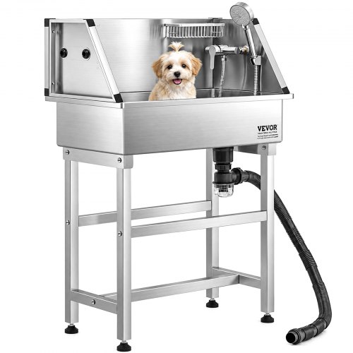 VEVOR Hundewaschstation aus Edelstahl, 870x490x1225mm Tierpflegewanne mit Wasserhahn, Duschkopf, Seifenhalter & Spielbällen, Hundebadewanne für mehrere Haustiere, Waschbecken für zu Hause