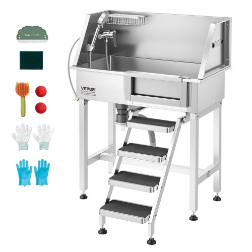 VEVOR Hundewaschstation aus Edelstahl, 870x488x1118mm Haustierpflegewanne bis 100kg mit Rechter Schiebetür & Treppe, Tierbadewanne inkl. Abfluss Duschkopf Seifenhalter für Mittlere & Kleine Haustiere