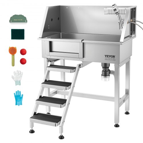 VEVOR Hundewaschstation aus Edelstahl, 870x488x1118mm Haustierpflegewanne bis 100kg mit Linker Schiebetür & Treppe, Tierbadewanne inkl. Abfluss Duschkopf Seifenhalter für Mittlere & Kleine Haustiere