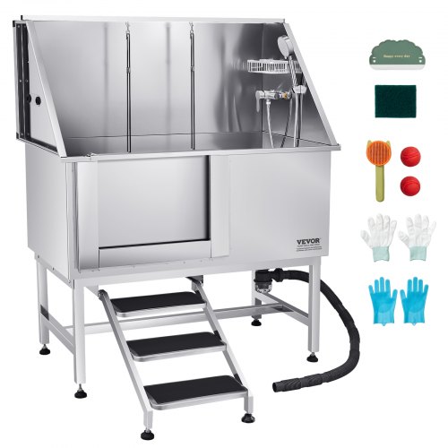 VEVOR Hundewaschstation Edelstahl, 1270x700x1545 mm Tierpflegewanne mit Treppe, PE-Wasserfilterplatte, Wasserhahn, Duschkopf & Seifenhalter, für große, mittelgroße & kleine Haustiere (linke Tür)