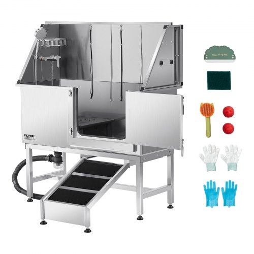 VEVOR Hundewaschstation Edelstahl, 1270x580x1495 mm Tierpflegewanne mit Rampe, PE-Wasserfilterplatte, Wasserhahn, Duschkopf & Seifenhalter, für