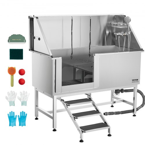 VEVOR Hundewaschstation Edelstahl, 1500x700x1495mm Tierpflegewanne mit Treppe, PE-Wasserfilterplatte, Wasserhahn, Duschkopf & Seifenhalter, für große, mittelgroße & kleine Haustiere (linke Tür)