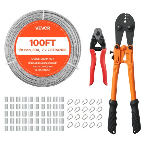VEVOR Edelstahldrahtseil φ3,2 mm 30,5 m Länge, Drahtseil aus Edelstahl 304 mit einer Bruchlast von 7,1 kN, 7x7 Litzen, Stahlseil für Terrassengeländer, Gartenspaliere, inkl. Crimpzange