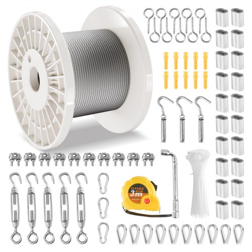 

VEVOR Drahtseil-Set, Ф3,18mmx30,5m, 304 Edelstahlkabel, mit 124 Zubehörteilen, 7,1kN Bruchfestigkeit, 7x7 Litzen, Bauqualität für Marine & Flugzeuge, für Handläufe, Treppen, Terrassen, Zäune im Freien