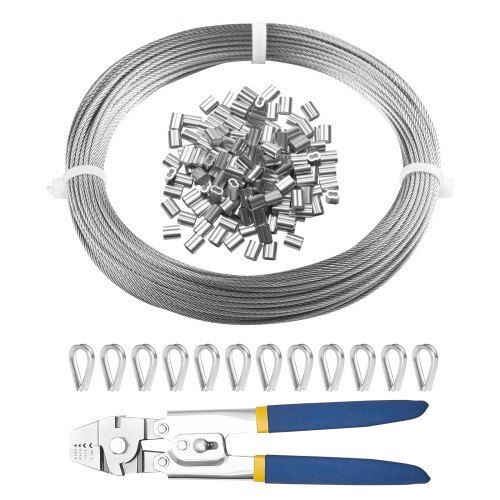 

VEVOR Drahtseil-Set, Ф1,59mmx20,2m, 304 Edelstahlkabel mit Crimpzange, 160 Hülsen und 12 Kauschen, 7x7 Litzen, Bau-Marine-/Flugzeugqualität für Handläufe, Treppen, Terrassen, Zäune im Außenbereich