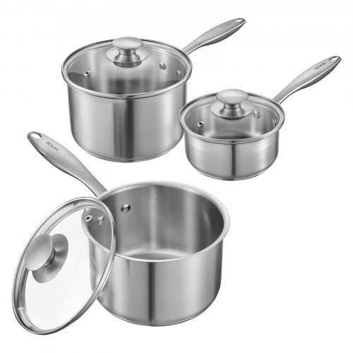 

VEVOR Kochtopf Soßentopf Set (0,95+1,89+2,84 L) mit Glasdeckel, Suppentopf Gemüsetopf mit ergonomischem Griff, Milchtopf aus Edelstahl Gemüsetopf, Silber Mehrzwecktopf spülmaschinengeeignet