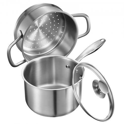 VEVOR Kochtopf Großraumtopf 2,37 L mit Glasdeckel & Dampfschicht, Suppentopf Gemüsetopf mit ergonomischem Griff, Milchtopf aus Edelstahl Gemüsetopf Silber spülmaschinengeeignete Soßentopf